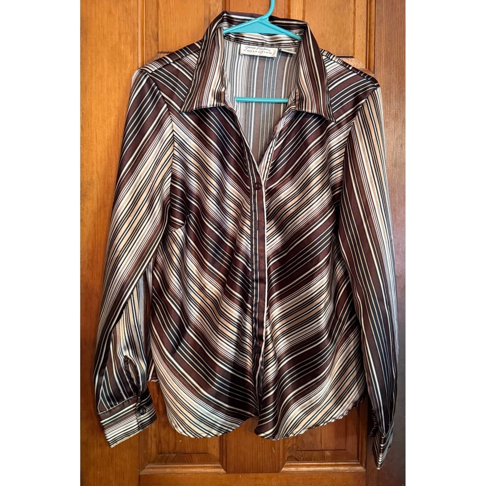 Giorgio Fiorlini Collection Brown Striped Satin Button Down Blouse Medium